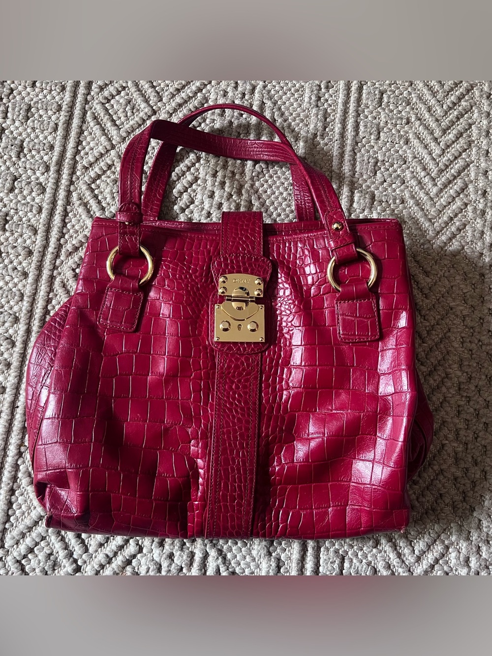 Red Croc-Embossed DKNY Leather Tote with Gold Hardware